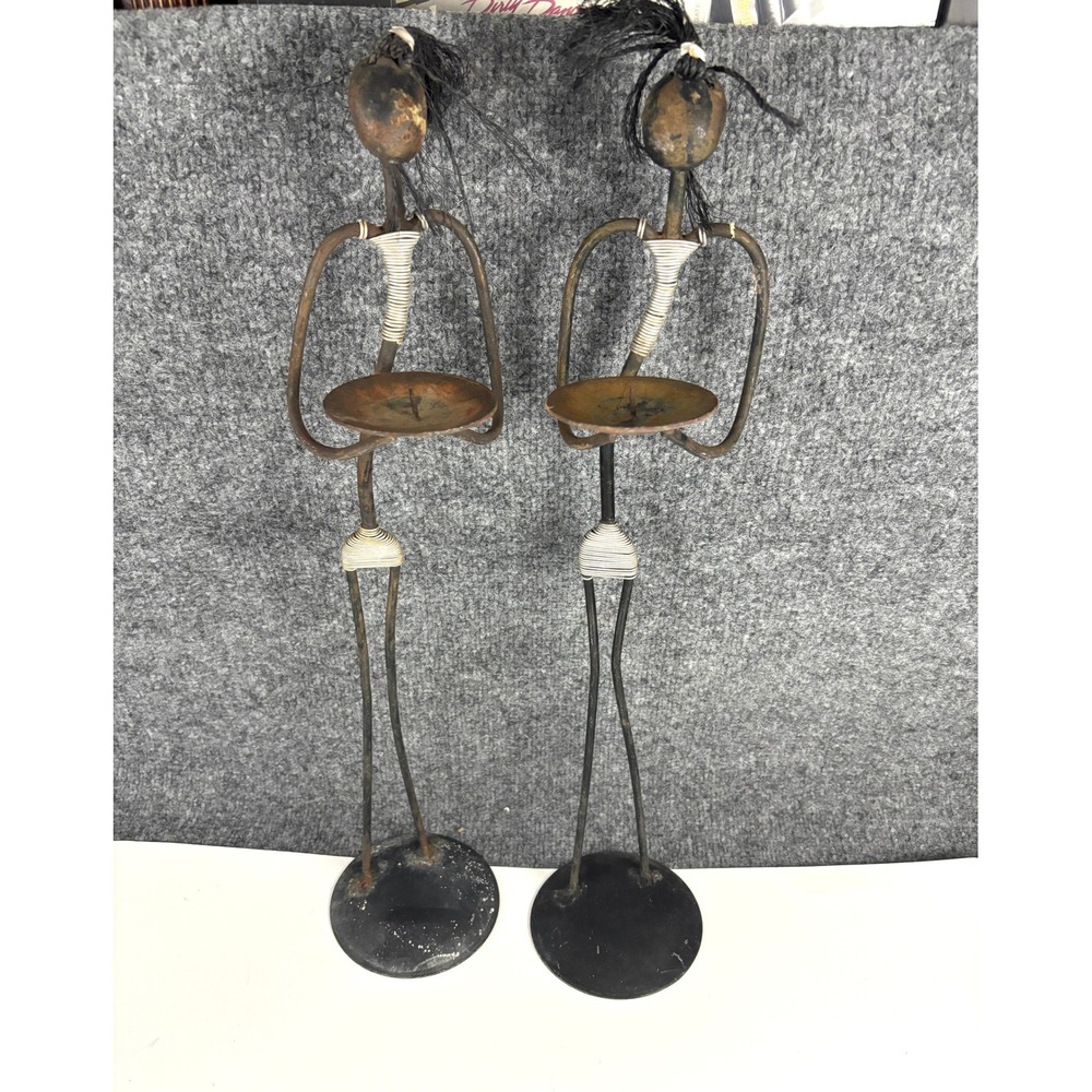 Vintage African Tribal Style Metal Candle Holders Pair 22" Figurine Sculptures